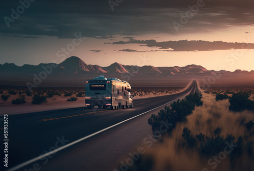 vehicle pulling up on the highway at dusk in a remote area. Generative AI