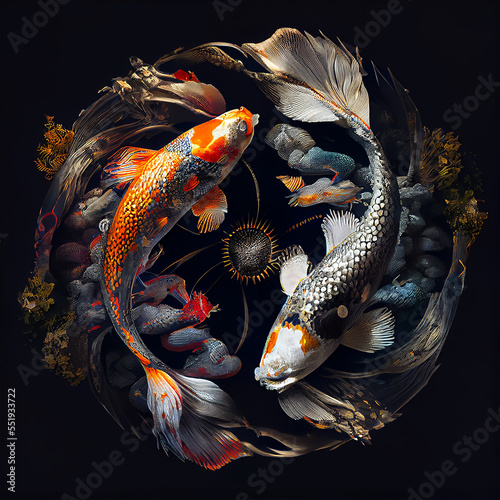 Koi fishes in a incredible yin yang shape color, black and white