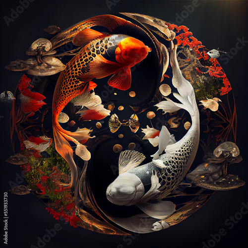 Fototapeta Koi fishes in a incredible yin yang shape color, black and white
