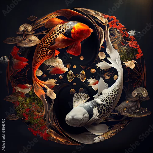 Naklejka na ścianę Koi fishes in a incredible yin yang shape color, black and white