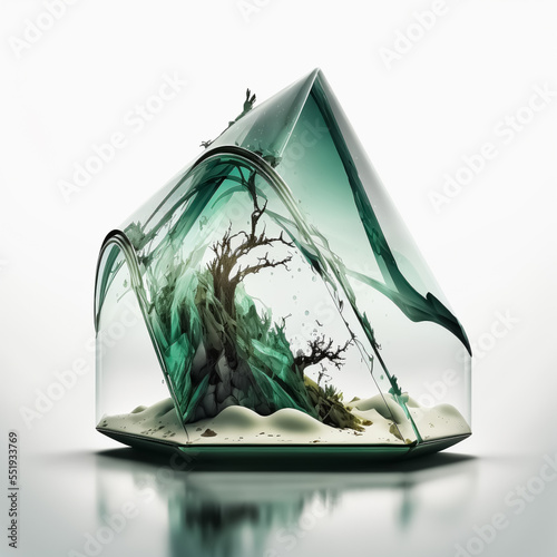 Green glass stone as a tent shape with small lansdscape inside photo