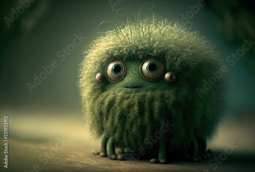 a fluffy individual with large eyes a little, four legged, green hairy creature. Generative AI © AkuAku