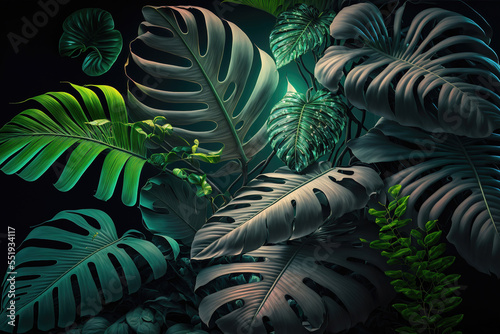 Dark green tropical leaves on black background, leaves composition, floral background, manstera, palm leaves. AI