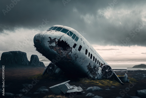 Gray wreckage of an aircraft on a rock beneath gloomy sky. Generative AI © AkuAku
