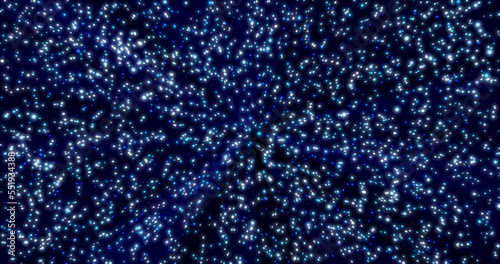 Christmas New Year snowfall from small glowing flying snowflakes particles dots blue white shiny festive isolated on black background. Abstract background. Screensaver