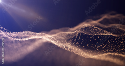Futuristic abstract yellow gold sand glowing wave lines from dots and particles of shining pixels magical energy glowing neon in sunbeams. Abstract background