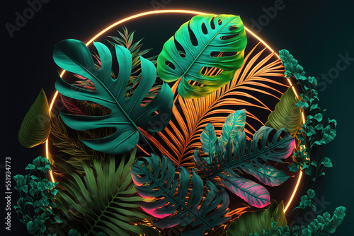 Dark green tropical leaves colorful neon light  backlight  leaves composition  plant background  manstera  palm leaves. AI