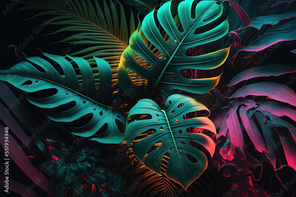 Dark green tropical leaves colorful neon light, backlight, leaves