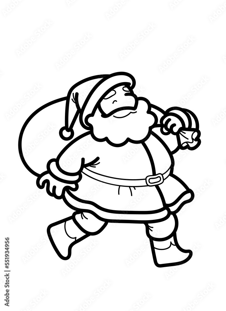 Vector outline illustration of Santa carrying a bag with gifts isolated on a white background. Coloring page with a Christmas symbol for the design of a children's book.