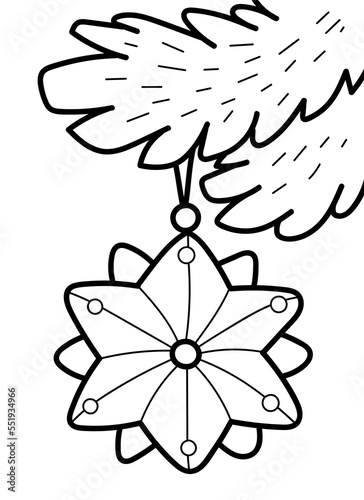 Vector outline illustration with star on Christmas tree. Coloring page with New Year decoration.   © mashikomo