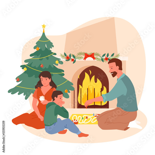 Family people play board game by fireplace vector illustration. Cartoon happy mother, father and child sit on living room floor fireside near Christmas Tree, fun time of characters at winter evening