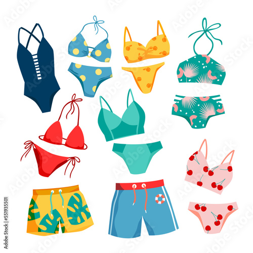 Cartoon isolated swimsuit and underwear template collection for man and woman, fashion shorts, panties and pants, casual bikini and bra to swim, beachwear models. Swimwear set vector illustration