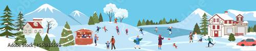 Christmas celebration in winter town vector illustration. Cartoon mountain village and forest landscape with cute Xmas scenes of happy people resting in nature and snow houses in banner template