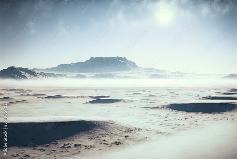 a barren snowy plain covered with mist beneath a clear sky. Generative AI