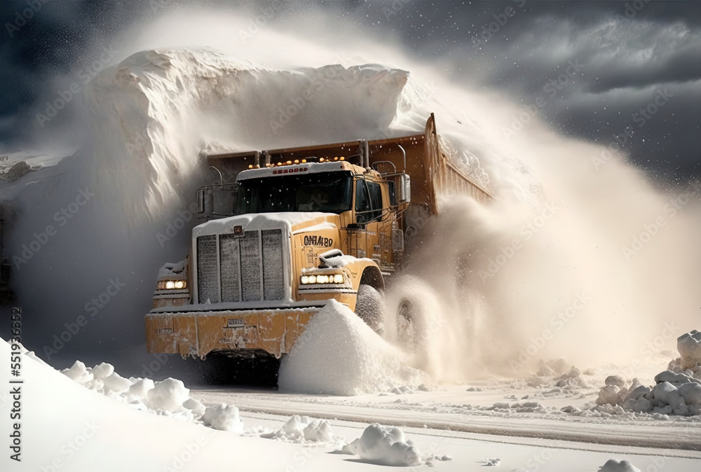 After a significant blizzard, the open pit loader loads snow onto a truck. Generative AI After a significant blizzard, the open pit loader loads snow onto a truck. Generative AI