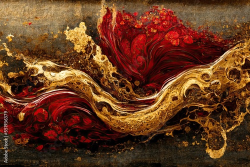 Grungy texture paint splash abstract background in red and gold