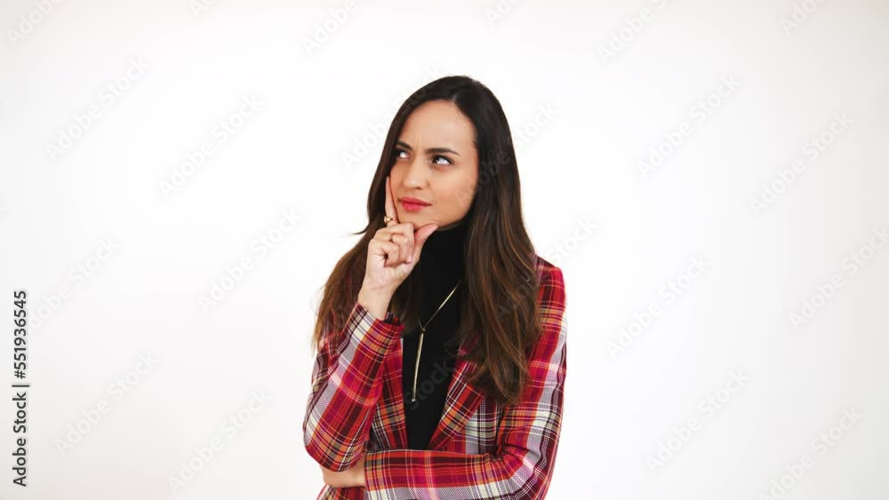 Young brunette woman thinking, imagining something. High quality 4k footage Young brunette woman thinking, imagining something. High quality 4k footage