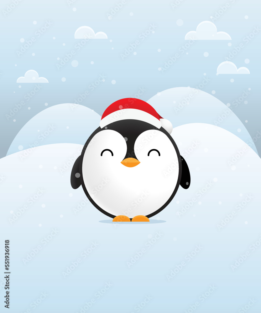 Merry Christmas greeting card with cute penguin. Christmas morning. Vector illustration.