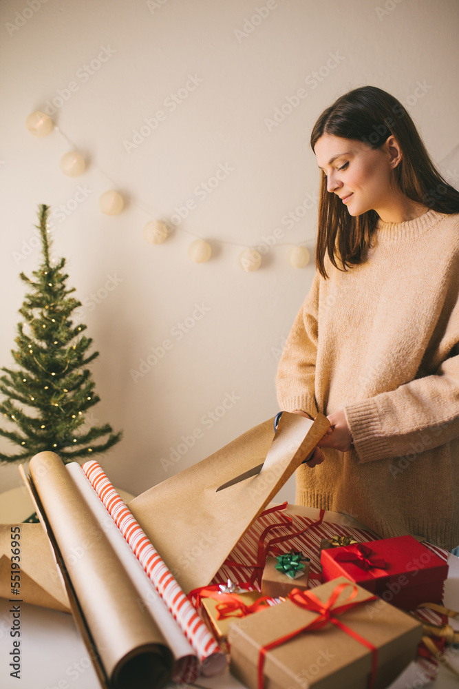 christmas present with wrapping paper scissors, Stock image