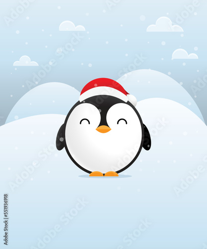 Merry Christmas greeting card with cute penguin. Christmas morning. Vector illustration. © Jasmina