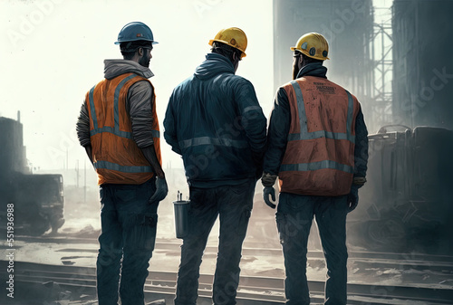 Consequently, a rear image of three guys standing at a work site during the daytime, holding hands and donning safety helmets, is shown. Generative AI
