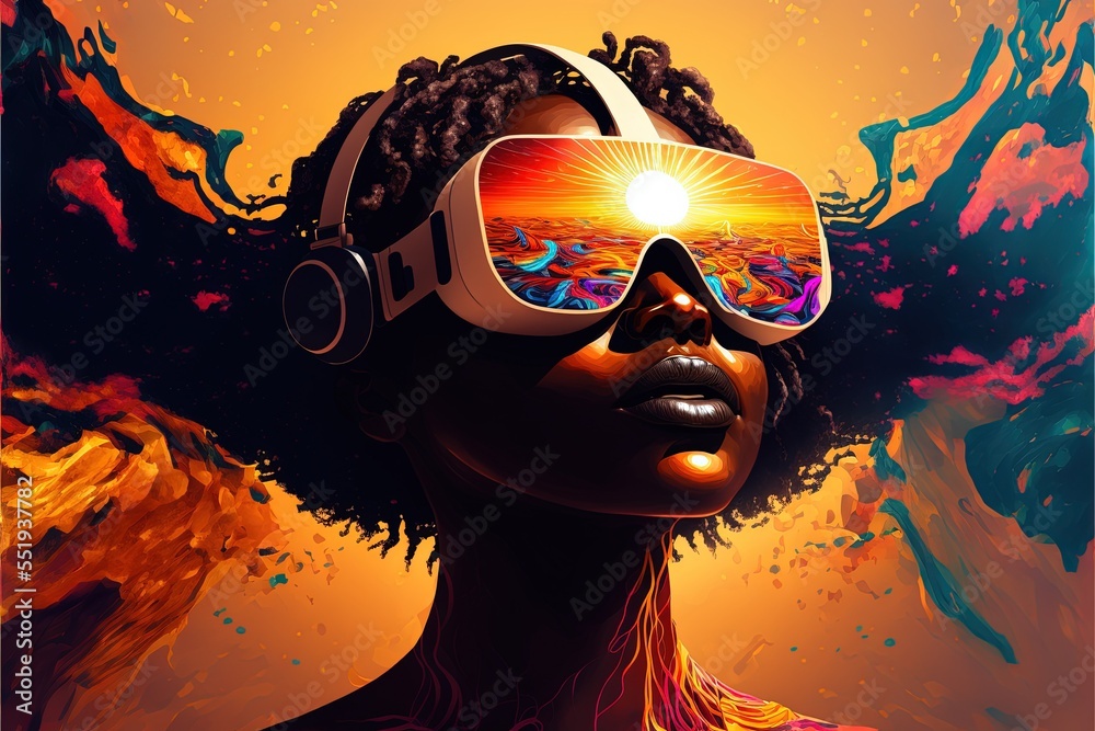Kalkun Vred Giraf Ebony woman in VR goggles immersed in the future metaverse. She is  exploring the virtual world, taking in the sights and sounds of the  futuristic landscape around her. Artistic illustration. Illustration Stock 