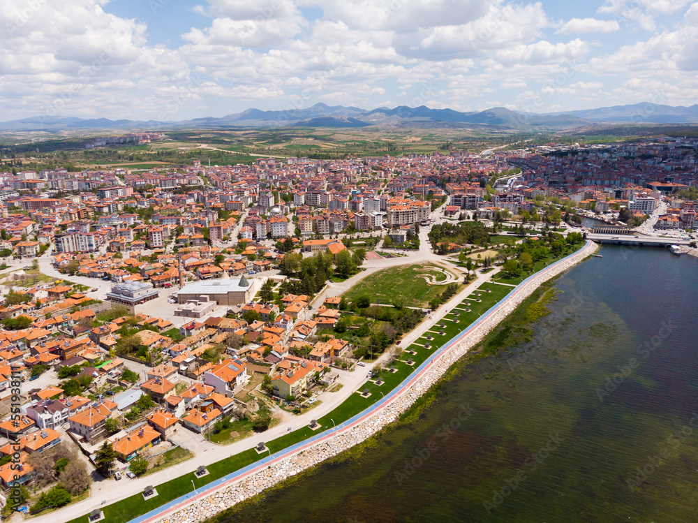 Aerial photo of Turkish town Beysehir with view of Lake Beysehir..