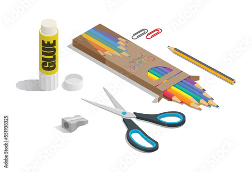 Set of glue, paper clip, sharpener, scissors and  colored pencils outside their boxes.3d Vector