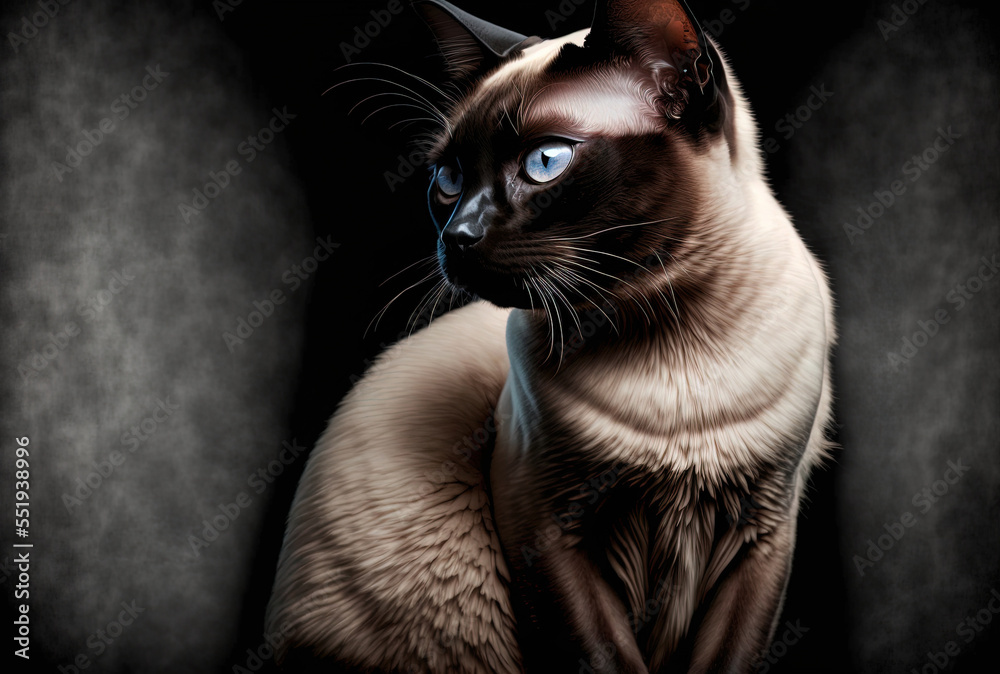 a stylish Siamese cat against a dark backdrop. Generative AI