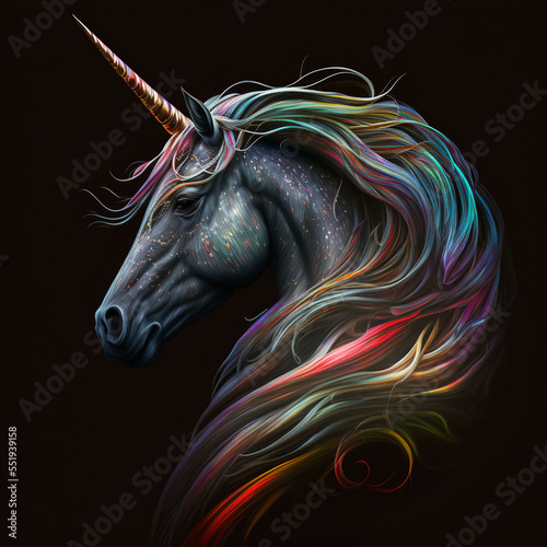 Portrait of unicorn with ombre hair in the dark. Vector illustration. Artwork. Generative AI