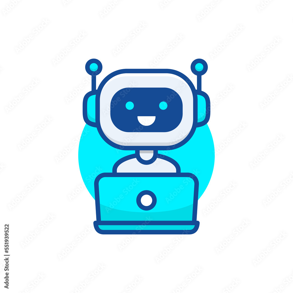 Chatbot icon. Cute robot working behind laptop. Modern bot sign design. Smiling customer service robot. Flat line style vector illustration isolated on white background