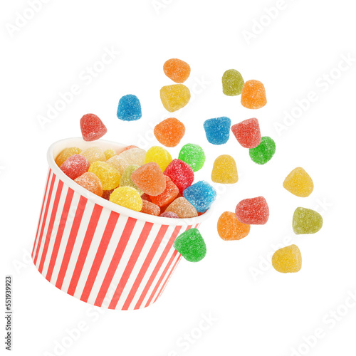 Canvastavla Jelly sweets colorful candies are flying from round striped box