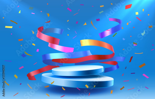 Ribbon podium present, festive holiday shopping pedestal. Vector