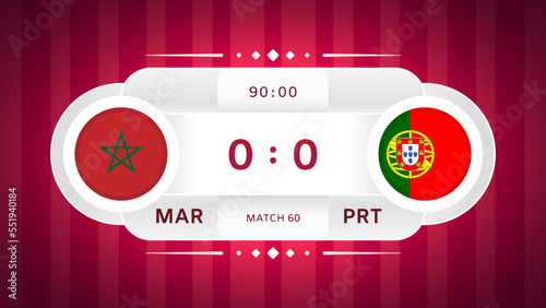 Morocco vs Portugal Match Design Element. Flag icons isolated on stylized red striped background. Football Championship Competition Infographics. Announcement, Game Score Template. Vector