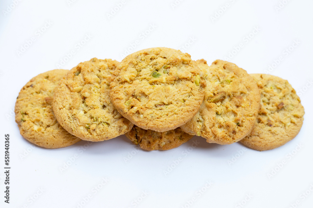 Pistachio and almond cookies on white background. Pistachio and almond cookies on white background.