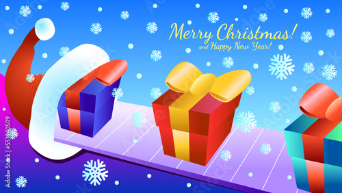 Conveyor with multi-colored gifts from a red cap against a snowy gradient background. Christmas vector card with wrapped gifts with bows. The concept of New Year's time and preparations.