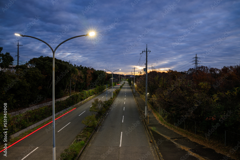 Light streak from car on quiet road through forest at sunrise Light streak from car on quiet road through forest at sunrise
