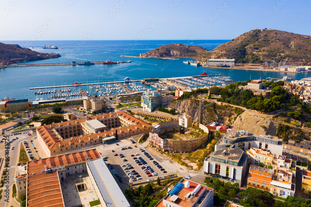 Aerial view of Cartagena port city with buildings and coast line, Autonomous Community of Murcia, southeastern Spain..