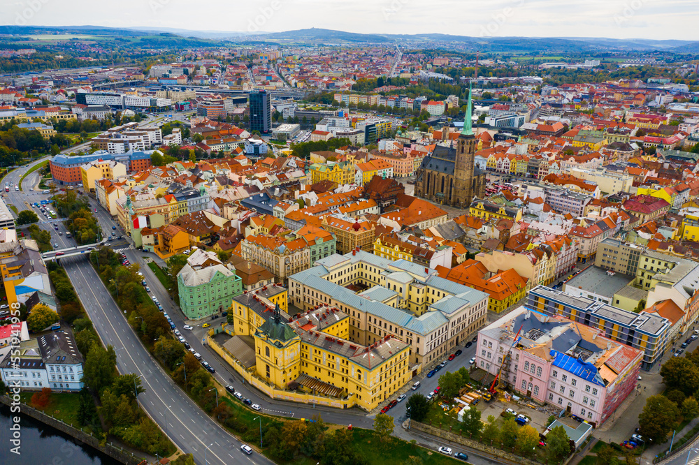 Fototapeta premium Panoramic view from the drone on the city Plzen. Czech Republic