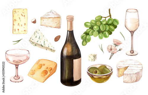 Watercolor wine and cheese. Hand draw background with food objects. White wine bottle and glass  green grapes  cheese and olive. Concept for wine list  label  banner  menu  flyer  brochure template.