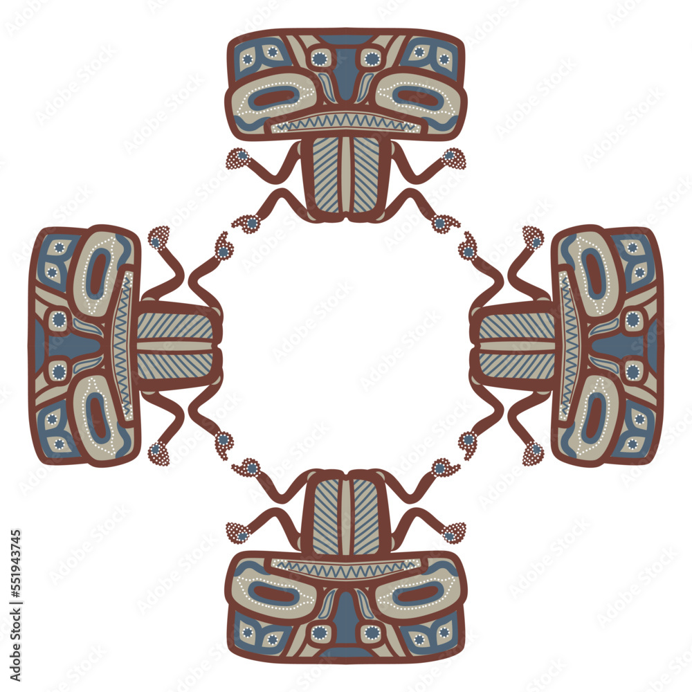 Rectangular ethnic design with totem animals. Native American art of