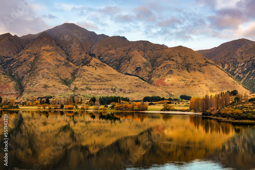 Scenic view of the mountain and hill reflections on the surface of Lake Wanaka taken from Parkins Bay Lookout