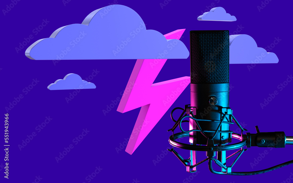 Microphone among clouds. Clouds with lightning symbolizes weather forecast. Concept of weather announcement on radio. Microphone for radio host on canopy. Microphone for radio announcer