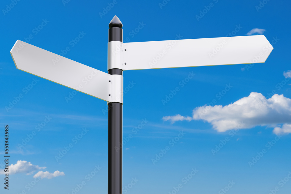 Street sign for intersection. Steel pointer without inscription. Road sign and sky. Street road sign as virtualization. Places for drawing name of settlement. Metal pole with arrows. 3d image. Street sign for intersection. Steel pointer without inscription. Road sign and sky. Street road sign as virtualization. Places for drawing name of settlement. Metal pole with arrows. 3d image.