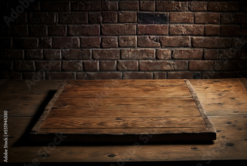 a wooden board table that is vacant and has a brick background. Generative AI