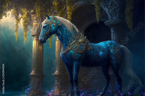 sapphire blue legendary horse  fantasy painting  wallpaper 
