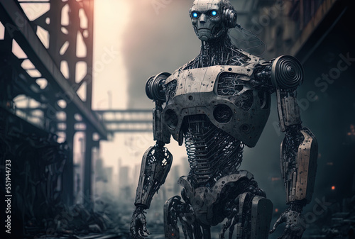 Humanoid robot with artificial intelligence for an industrial facility in the future. Generative AI