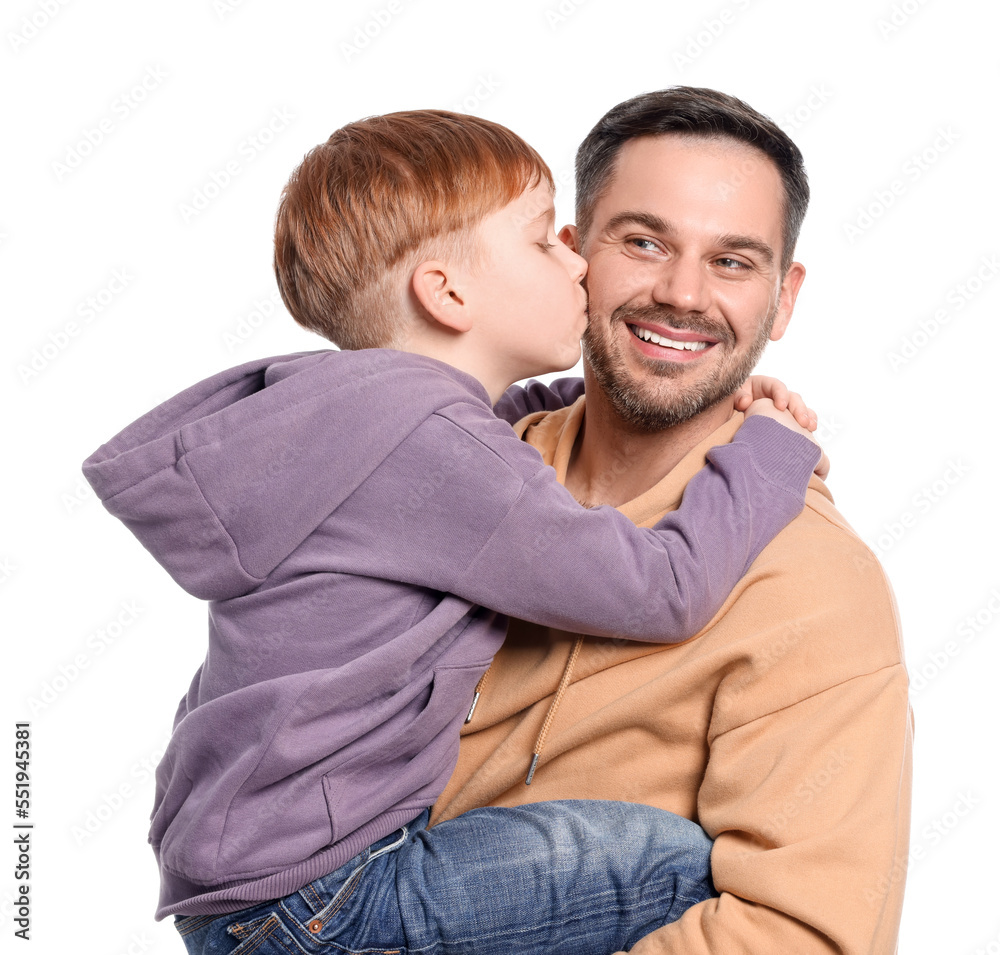 Son hugging and kissing father on white background Son hugging and kissing father on white background