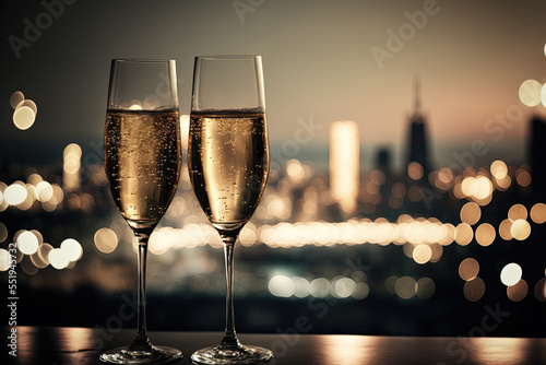 A pair of champagne glasses sit on a table in front of a window, overlooking a city skyline at night.  The glasses are filled to to toast 2022/2023