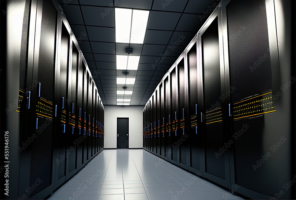 Data center server room corridor. Generative AI Data center server room corridor. Generative AI